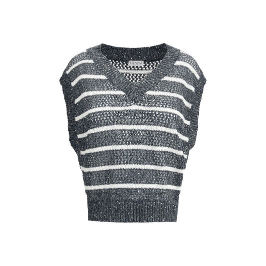 Brunello Cucinelli Blue Linen Sleeveles Sweater