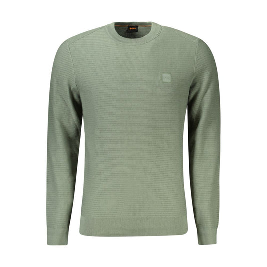 Hugo Boss Green Cotton Men Sweater with crew neck and subtle logo detailing, perfect for sophisticated style and comfort.