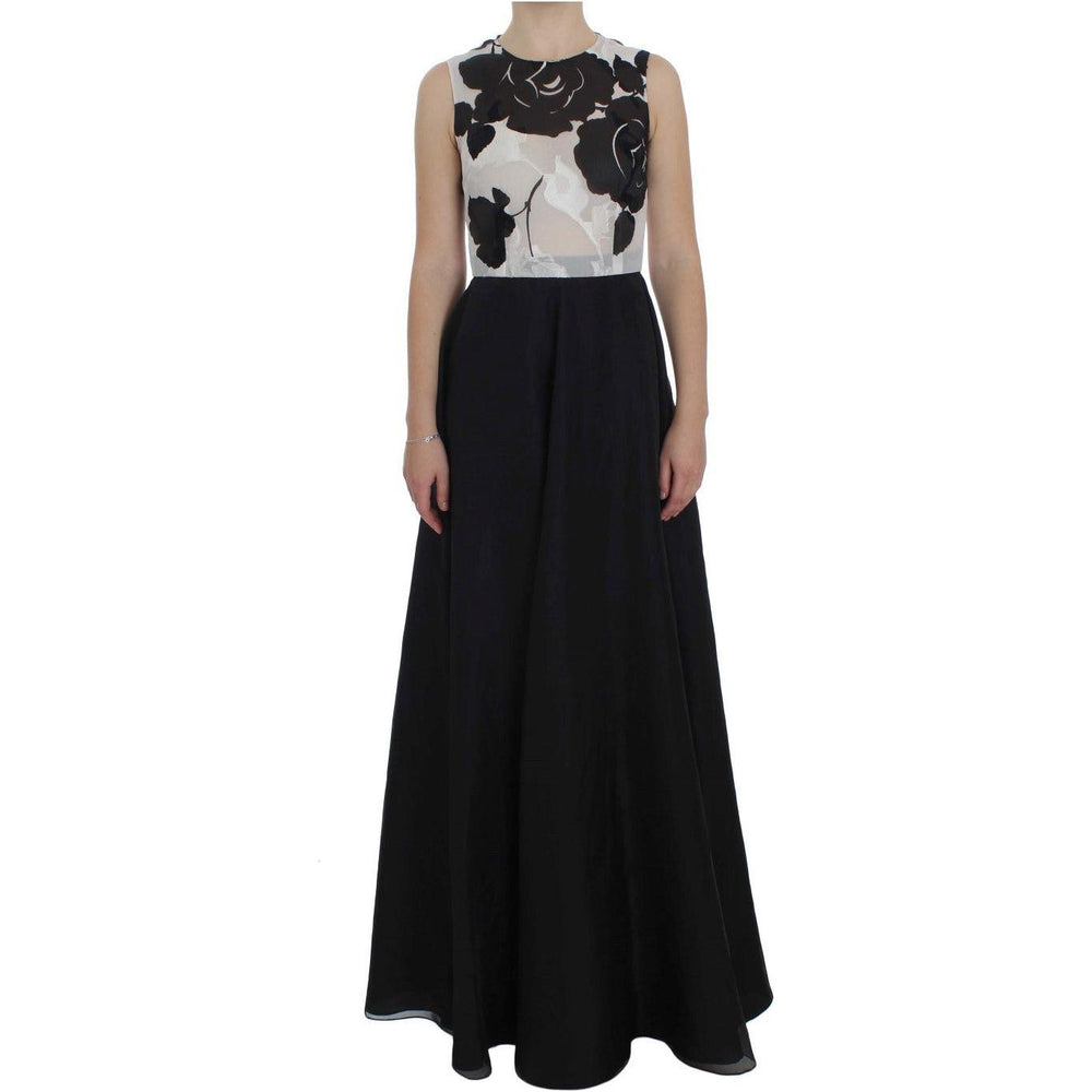 Dolce & Gabbana Black White Floral Silk Sheath Gown Dress