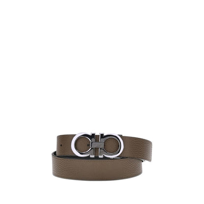 Ferragamo Brown Calf Leather Bos Taurus Regular Belt with Gancini buckle, reversible design for elegance and versatility.