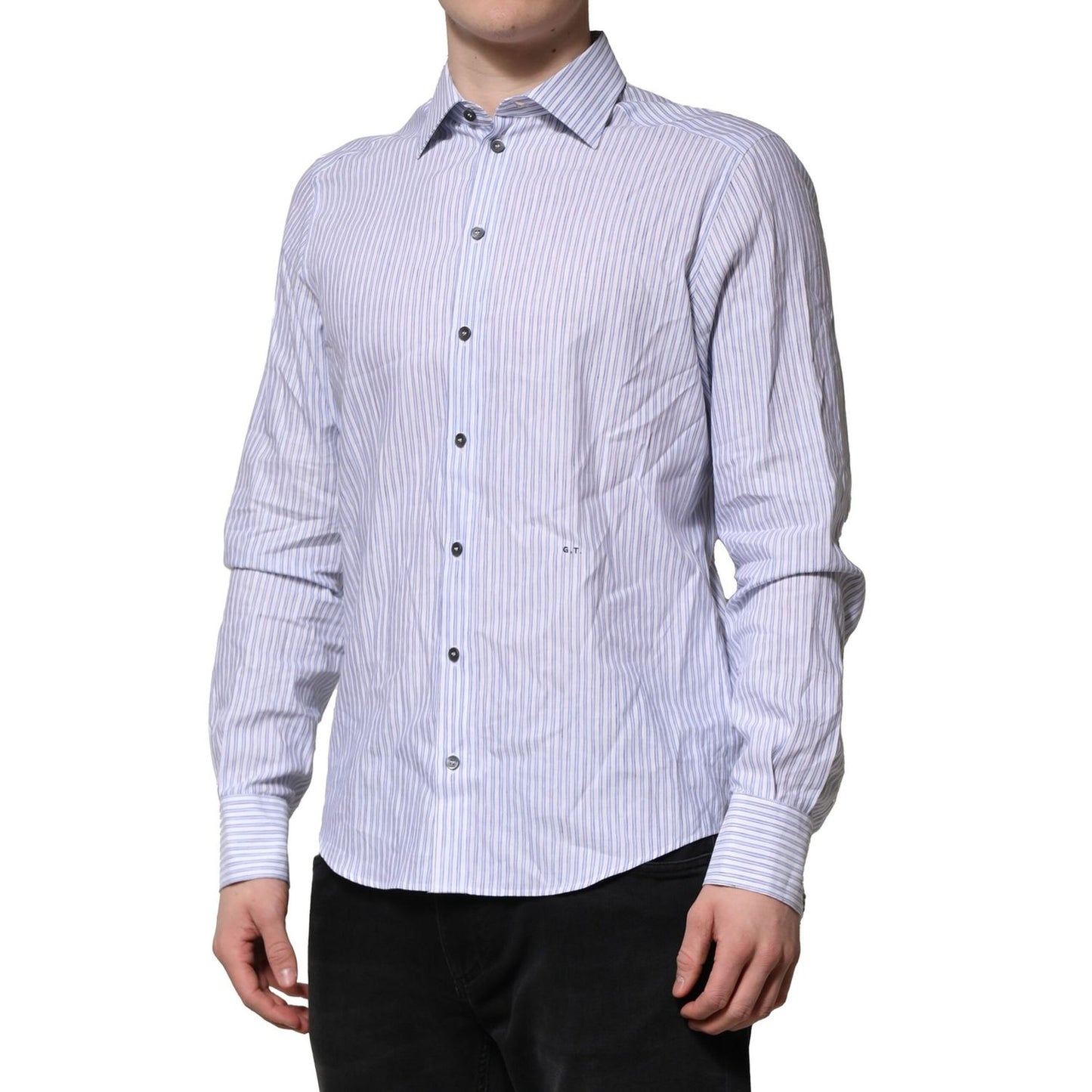 Dolce & Gabbana White Blue Striped Cotton Dress Formal Shirt