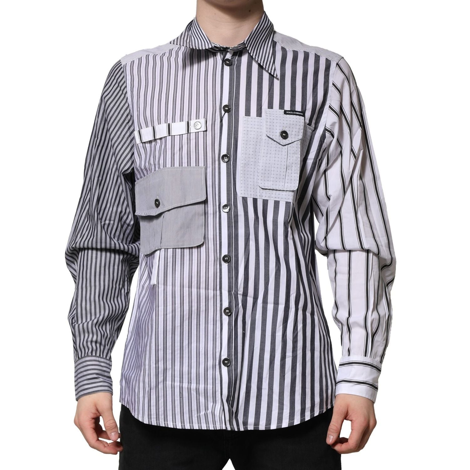 Dolce & Gabbana White Gray Striped Cotton Men Casual Shirt