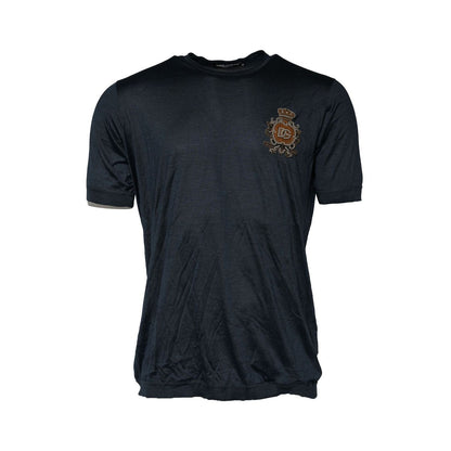 Dolce & Gabbana Dark Blue Silk Logo Patch Crew Neck T-shirt