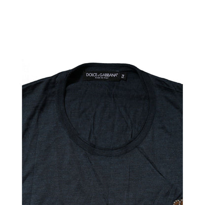 Dolce & Gabbana Dark Blue Silk Logo Patch Crew Neck T-shirt
