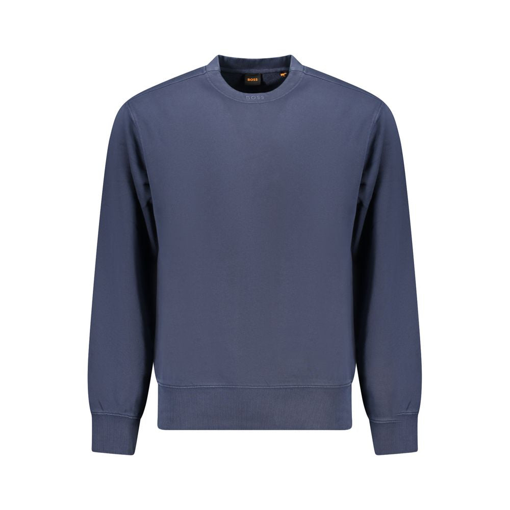 Hugo Boss Blue Cotton Men Sweater with embroidered logo, crew neck, and brushed interior for luxury and comfort in casualwear.