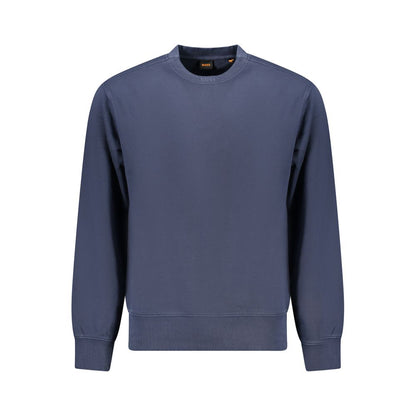 Hugo Boss Blue Cotton Men Sweater with embroidered logo, crew neck, and brushed interior for luxury and comfort in casualwear.
