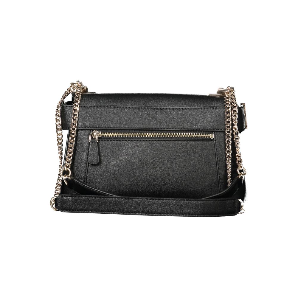 Guess Jeans Black Polyethylene Women Handbag with chain shoulder handles and external zip pocket for style and practicality.