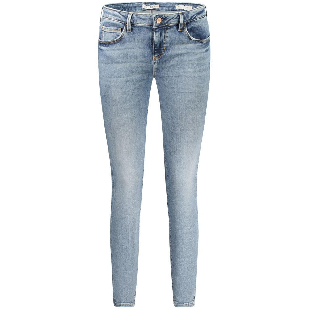 Guess Jeans Blue Cotton Women Jeans with washed effect, skinny fit, 5-pocket design, ideal for stylish and comfortable wear. Iconic Guess logo.