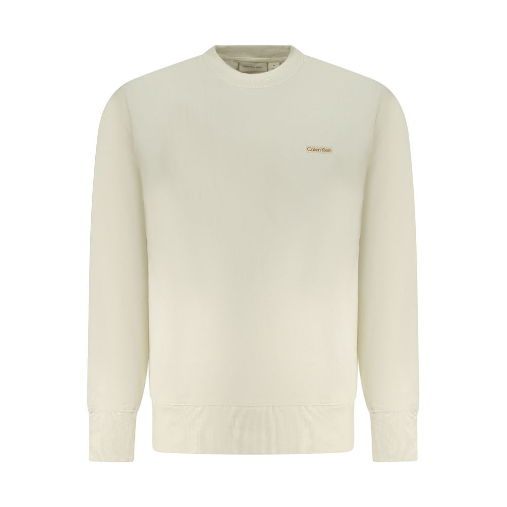 Calvin Klein Beige Cotton Men Sweater with long sleeves, featuring a subtle logo, crafted for comfort and style with 95% regenerative cotton.