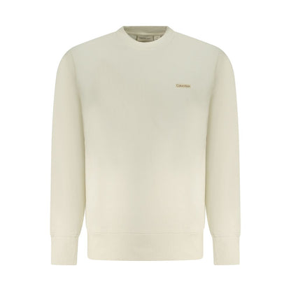Calvin Klein Beige Cotton Men Sweater with long sleeves, featuring a subtle logo, crafted for comfort and style with 95% regenerative cotton.