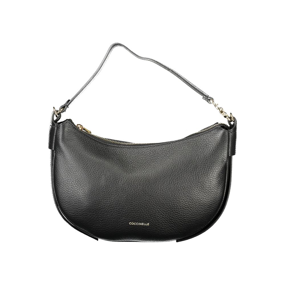 Coccinelle Black Leather Handbag with adjustable and removable shoulder strap, zip closure, and internal pocket, featuring logo.