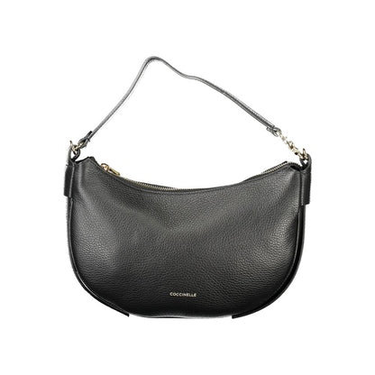 Coccinelle Black Leather Handbag with adjustable and removable shoulder strap, zip closure, and internal pocket, featuring logo.