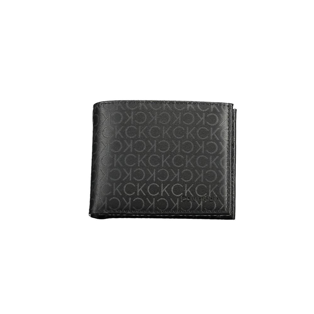 Calvin Klein Black Polyester Men Wallet with RFID protection and iconic logo, featuring dual compartments for card storage.