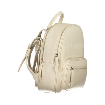 Mario Valentino Beige Polyethylene Backpack with adjustable straps, external pocket, and logo, featuring contrasting details and zip closure.