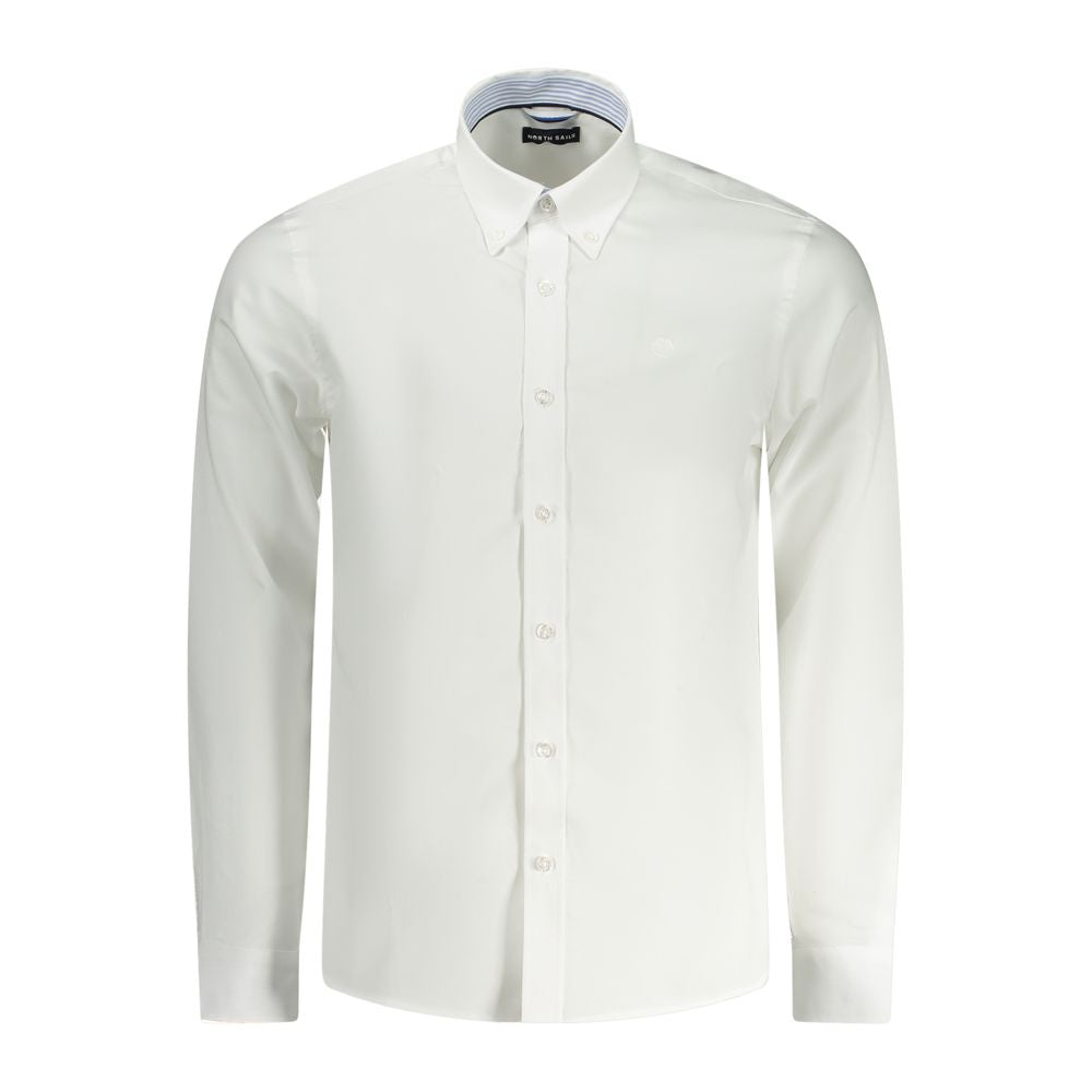 North Sails White Cotton Men Shirt with long sleeves and a tailored fit, featuring contrasting button cuffs and subtle embroidery logo.