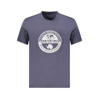 Napapijri Blue Cotton Men T-Shirt with logo and bold print on chest, organic cotton, short sleeve crew neck tee for eco-conscious trendsetter.