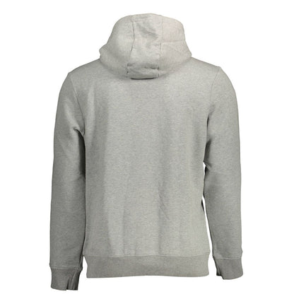 Back view of Napapijri Gray Organic Cotton Men Sweater showcasing its hood and soft fabric texture.