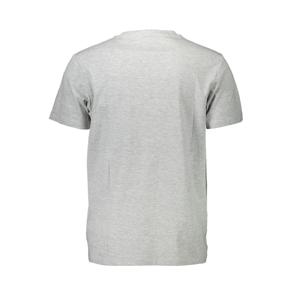 Back view of a plain gray t-shirt highlighting fabric texture and fit