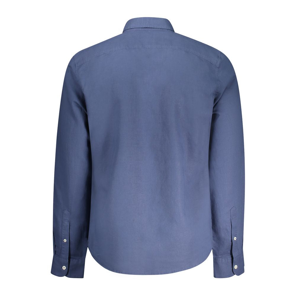 Timberland Blue Cotton Shirt, long-sleeved, slim fit, button-down collar, features embroidery and logo, back view image.