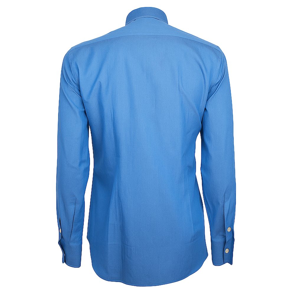 Alt Tag: Made in Italy Blue Cotton Men's Shirt rear view with long sleeves and button cuffs, showcasing the elegant craftsmanship and design.