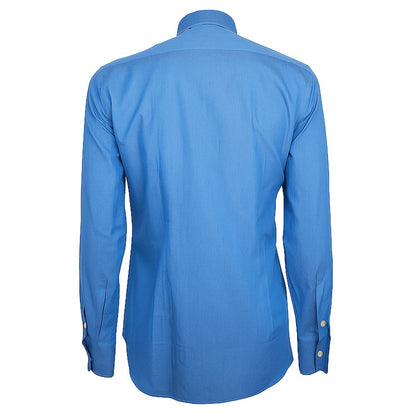 Alt Tag: Made in Italy Blue Cotton Men's Shirt rear view with long sleeves and button cuffs, showcasing the elegant craftsmanship and design.