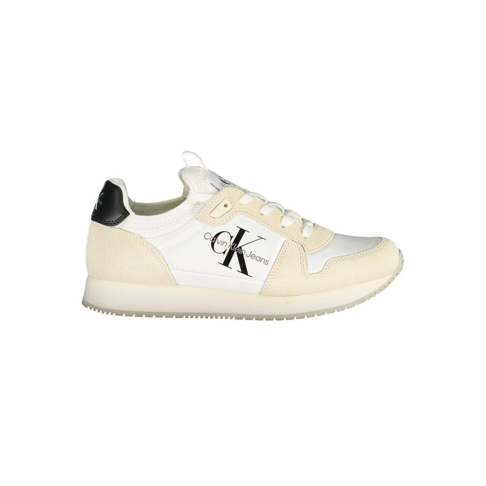 Calvin Klein White Polyester Women Sneaker with black logo detail and beige accents for modern chic style.