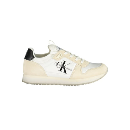 Calvin Klein White Polyester Women Sneaker with black logo detail and beige accents for modern chic style.