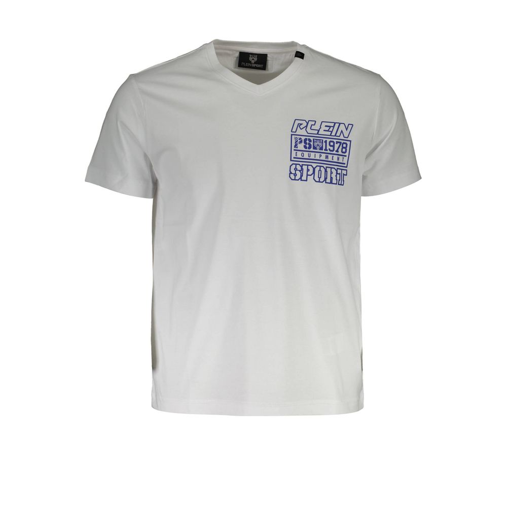 Plein Sport White Cotton Men T-Shirt with V-neck and bold logo print for a casual yet sophisticated look.