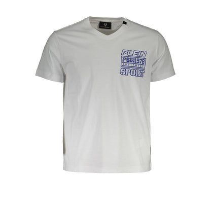 Plein Sport White Cotton Men T-Shirt with V-neck and bold logo print for a casual yet sophisticated look.