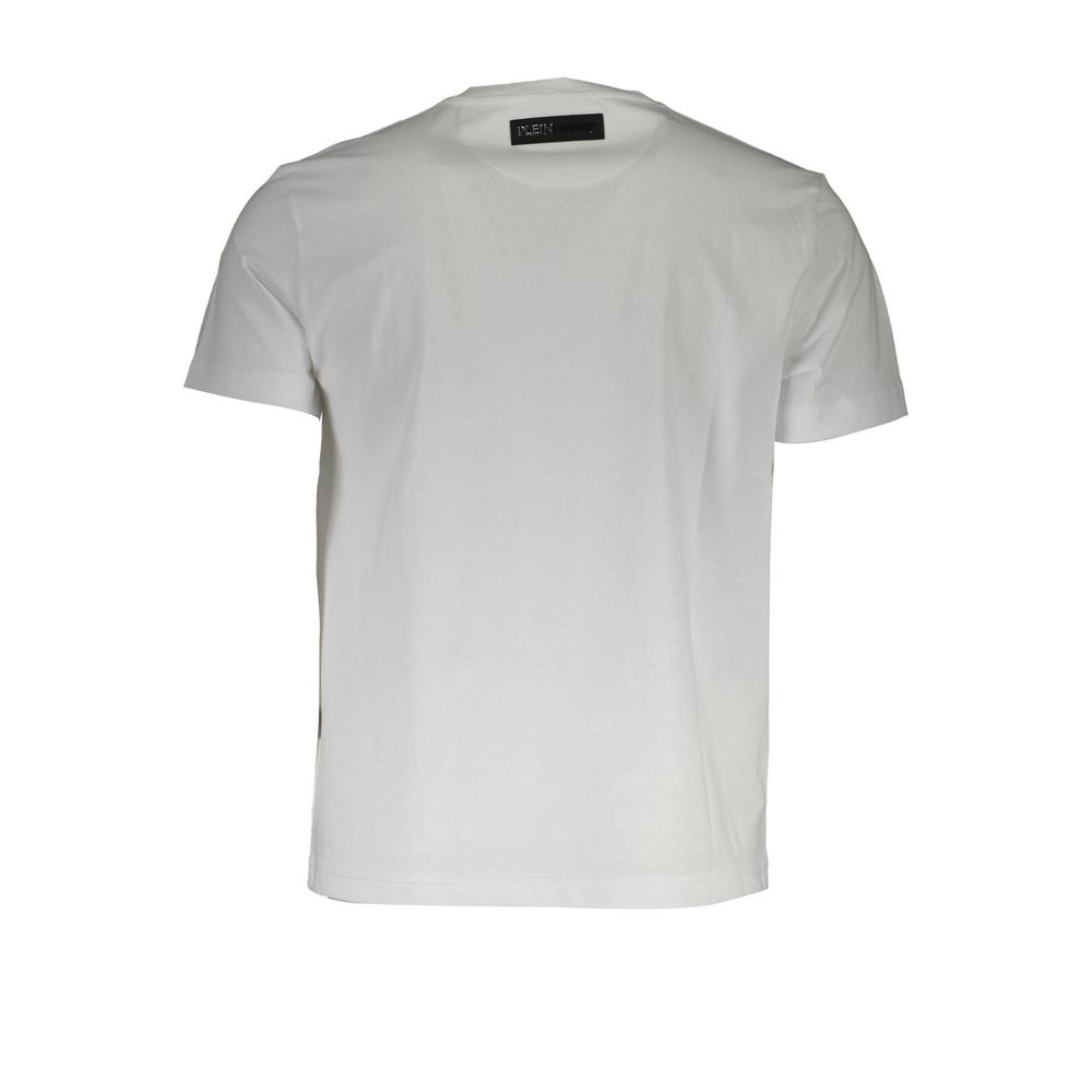 Plein Sport White Cotton Men T-Shirt with short sleeves and V-neck design, featuring a distinctive print and logo.