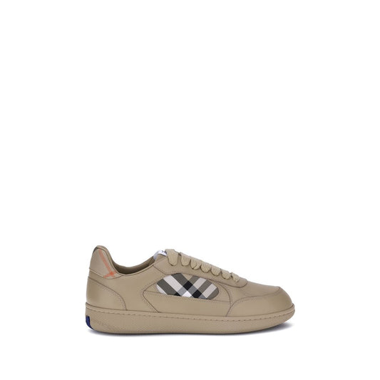 Burberry Beige Rubber Low Top Sneakers with signature Check pattern and Equestrian Knight design on side panel.