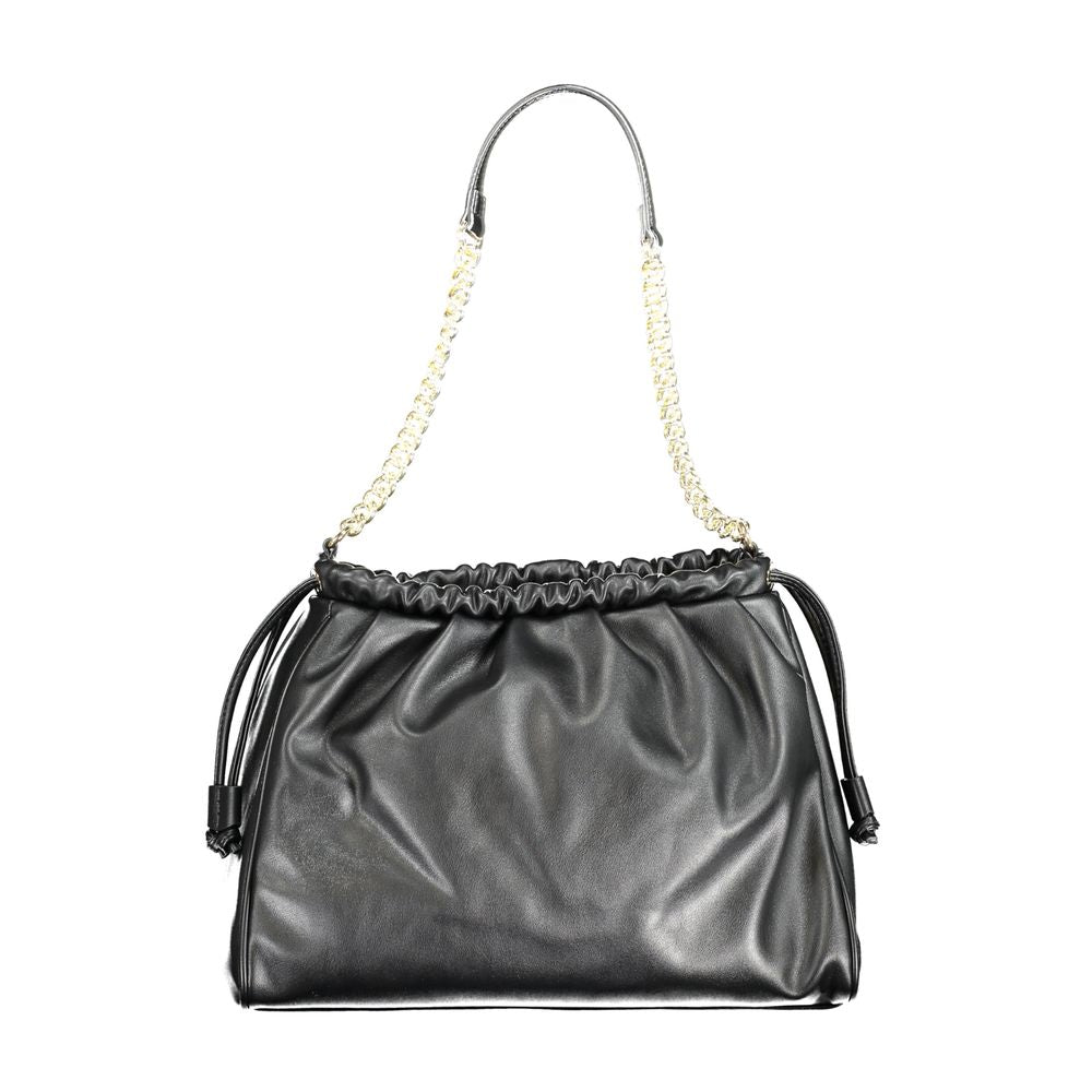 Mario Valentino Black Polyethylene Handbag with chain handle and adjustable strap, featuring internal pocket and phone holder spaces.