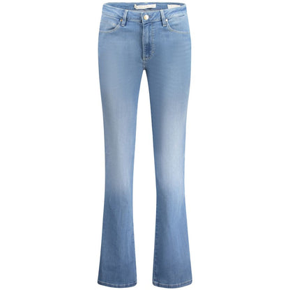 Guess Jeans Blue Cotton Women Jeans with mid-rise, organic cotton blend, classic 5-pocket design, and washed effect.
