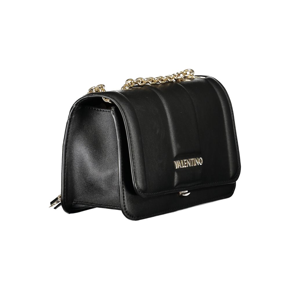 Mario Valentino Black Polyethylene Women Handbag with chain shoulder strap and snap closure, elegant and chic design.