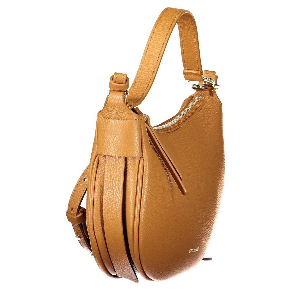 Coccinelle Brown Leather Handbag with adjustable strap and internal pocket, featuring a zip closure and logo detail.