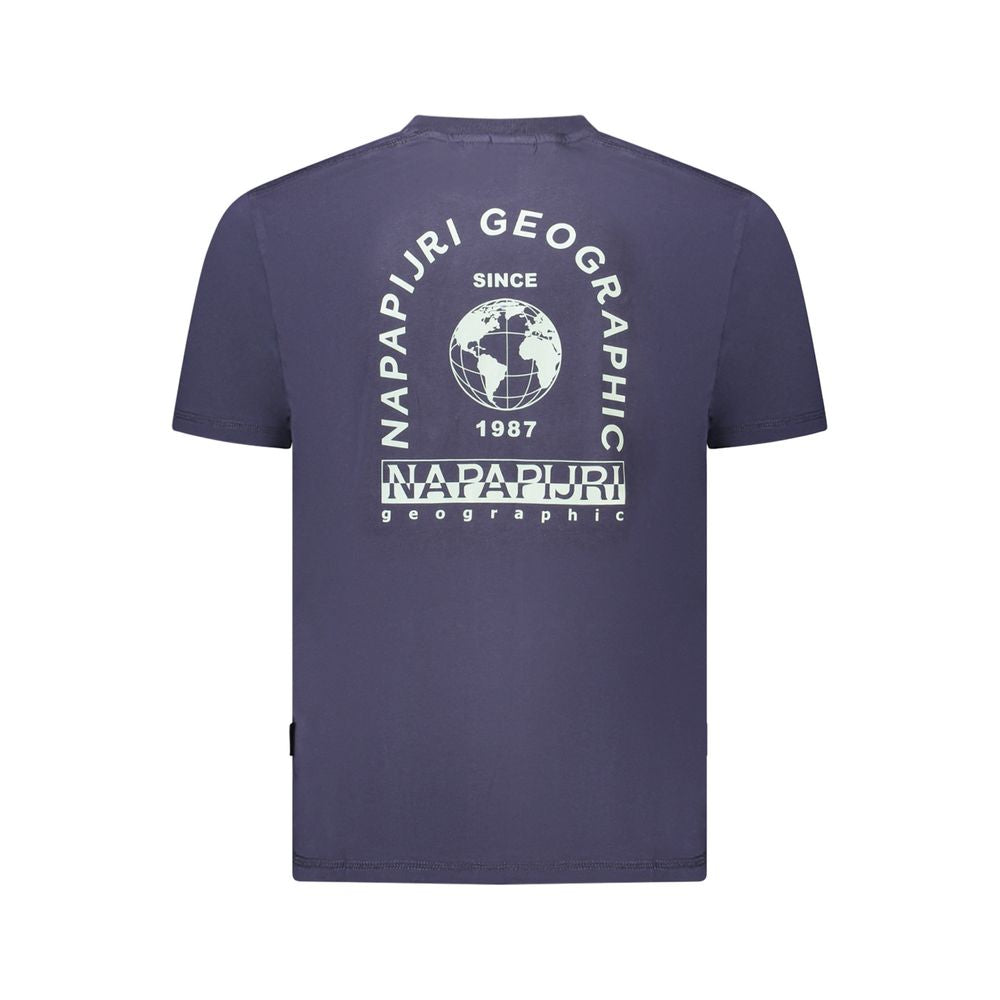 Back view of Napapijri Blue Cotton Men T-Shirt with logo and print, crafted from 100% organic cotton for streetwear fashion.