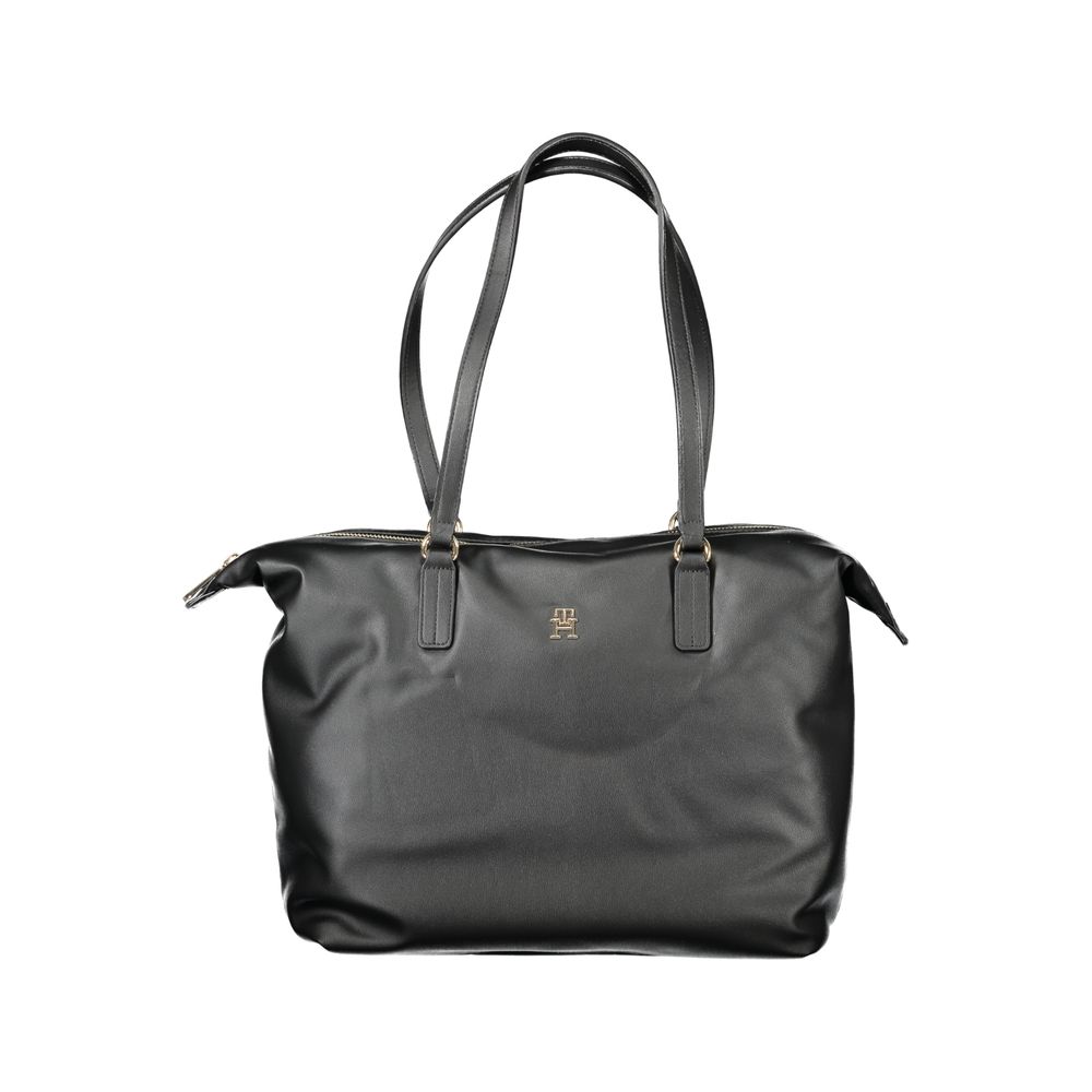 Tommy Hilfiger Black Polyester Women Handbag with dual handles and zip closure, showcasing sleek and minimalistic design for modern fashionistas.