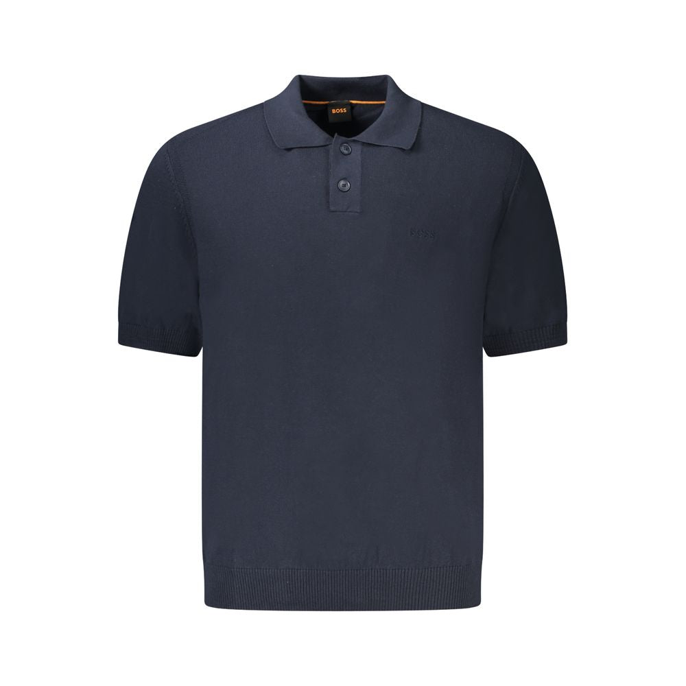 Hugo Boss Blue Cotton Sweater with short sleeves, 2 buttons, embroidery, and logo detailing. Perfect for a stylish and casual look.