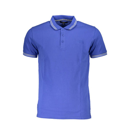 Cavalli Class Blue Cotton Men Polo Shirt with embroidery, 3-button placket, iconic logo, and contrasting details highlighting luxury.
