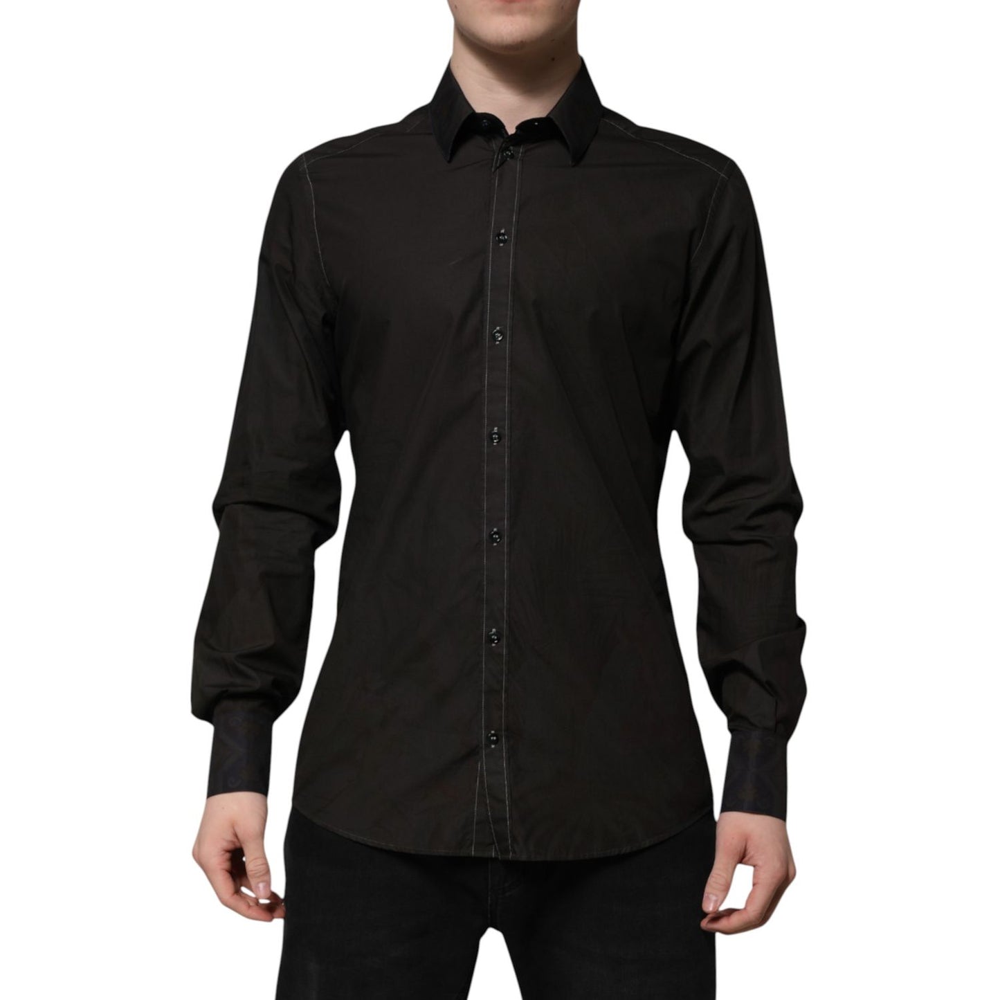 Dolce & Gabbana Black Cotton Jacquard GOLD Collar Dress Shirt