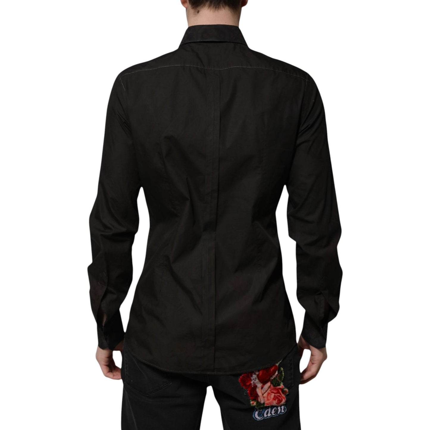 Dolce & Gabbana Black Cotton Jacquard GOLD Collar Dress Shirt