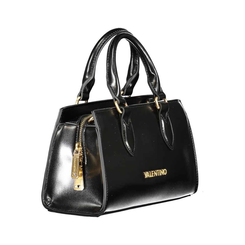 Mario Valentino Black Polyethylene Women Handbag with dual top handles and adjustable strap, featuring a sleek design and iconic logo.