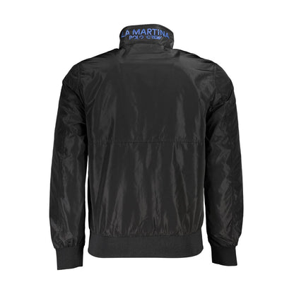 La Martina Black Polyester Men Jacket featuring logo embroidery on back view, perfect for seasonal transitions with practical pockets.