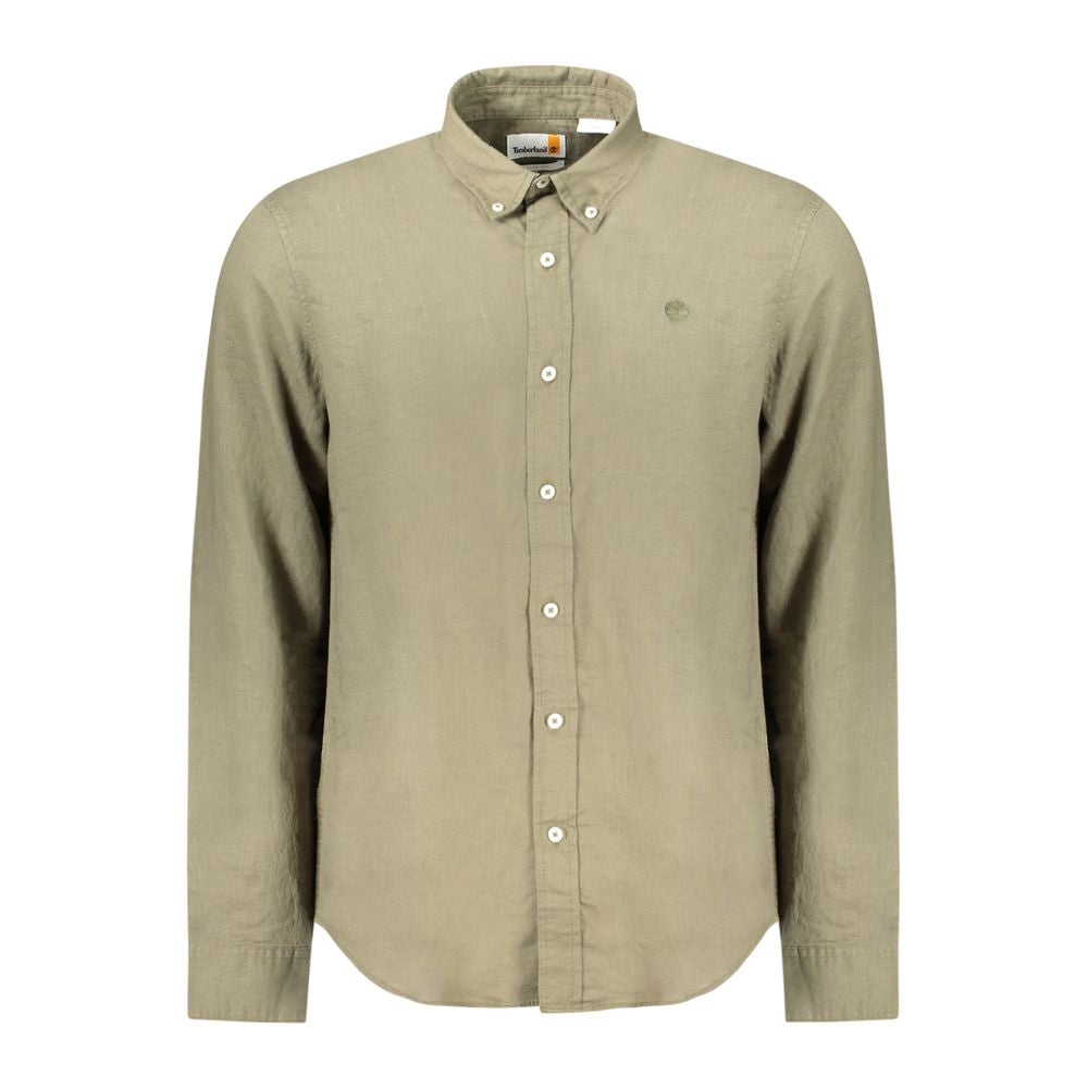 Timberland Green Cotton Shirt, long-sleeved, slim fit, button-down collar, with logo embroidery and one-button cuffs