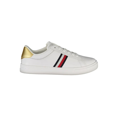Tommy Hilfiger White Leather Women Sneaker with gold accents and iconic logo, stylish and luxurious design for elegance and comfort.