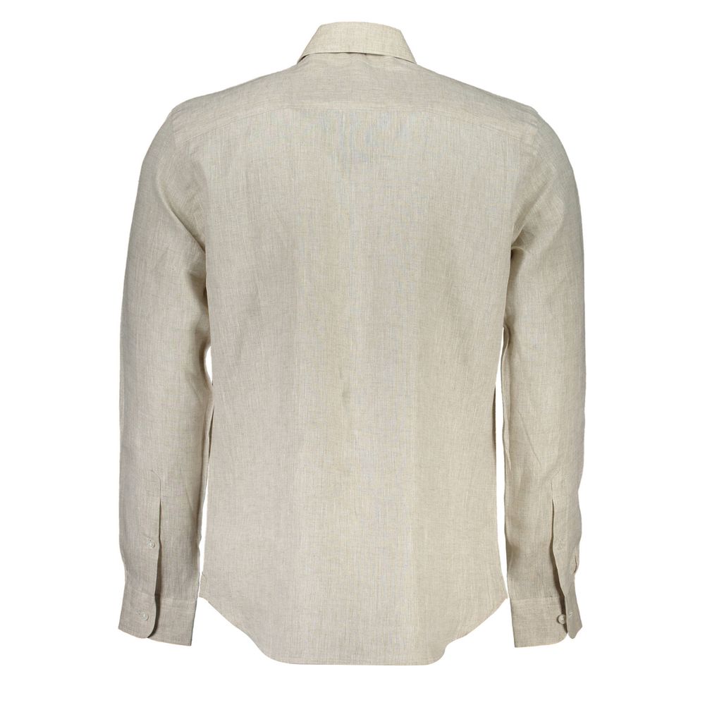 Back view of North Sails Beige Linen Men Shirt with long sleeves and Italian collar.