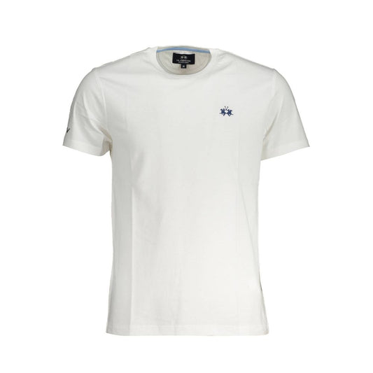 La Martina White Cotton Men T-Shirt featuring embroidery and logo on front, crew neck design, and elegant short sleeves.