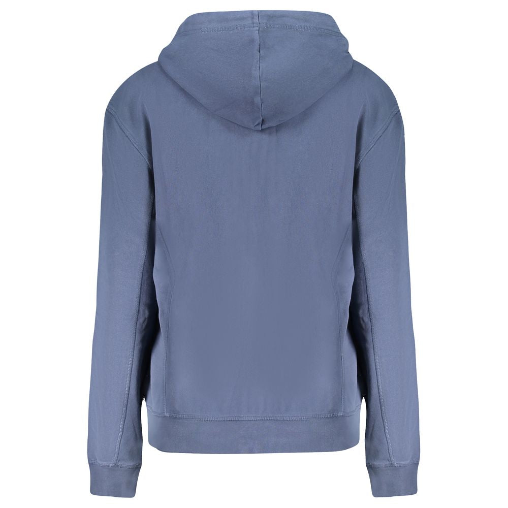 Back view of North Sails Blue Cotton Women Sweater with hood, brushed interior, and embossed print.