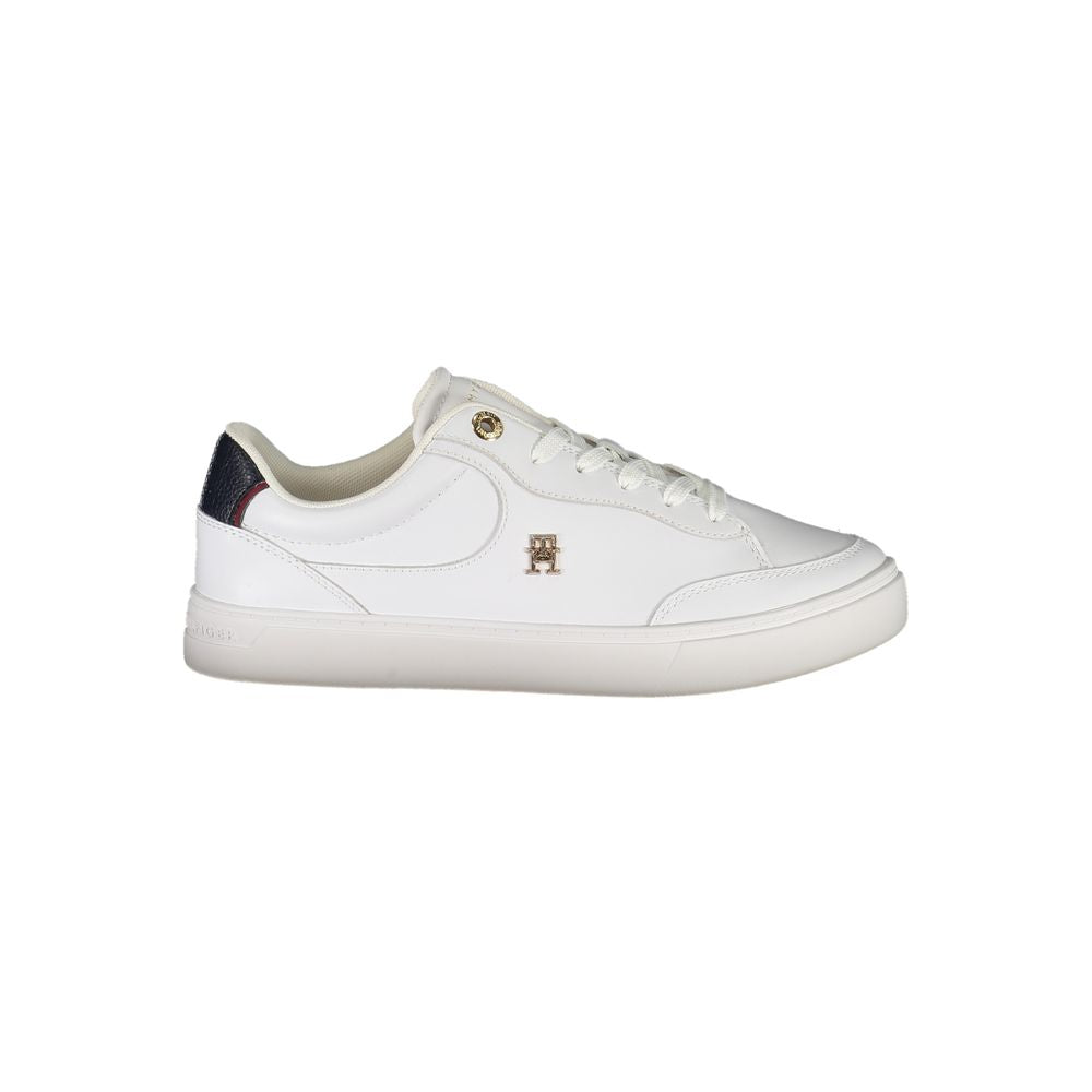 Tommy Hilfiger White Leather Women Sneaker with blue accents and iconic logo, featuring a stylish lace-up design for trendy footwear.