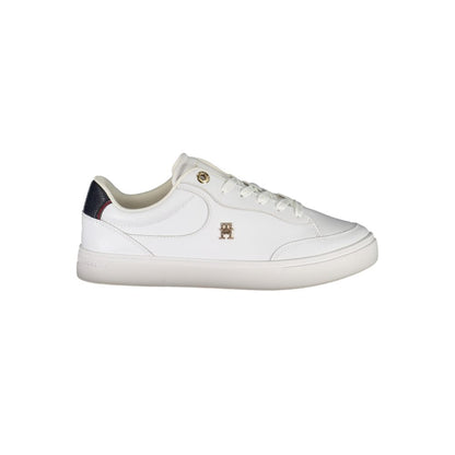 Tommy Hilfiger White Leather Women Sneaker with blue accents and iconic logo, featuring a stylish lace-up design for trendy footwear.